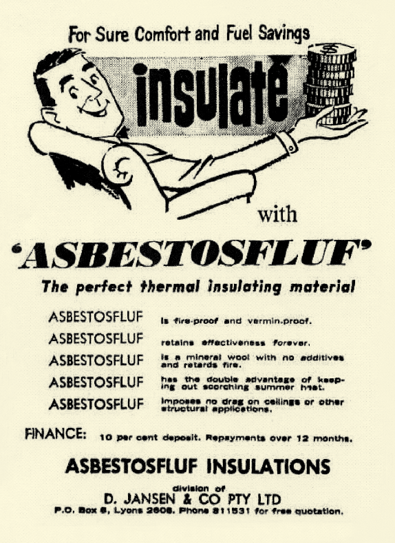 Newspaper advertisement for ‘Asbestosfluf’ c1970 Courtesy of ACT Government